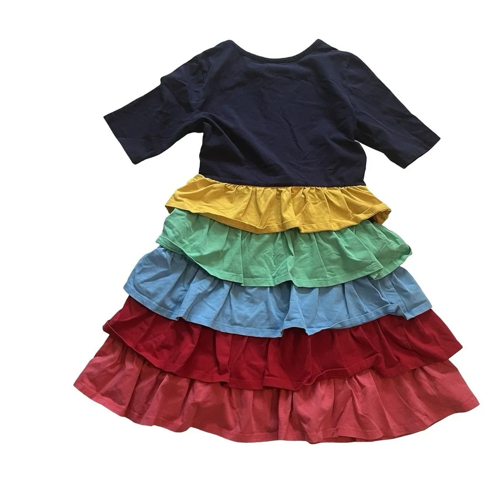 Hanna Andersson Girls Size 140 US 10 Dress Midi Rainbow Ruffle Cotton 1/2 Sleeve